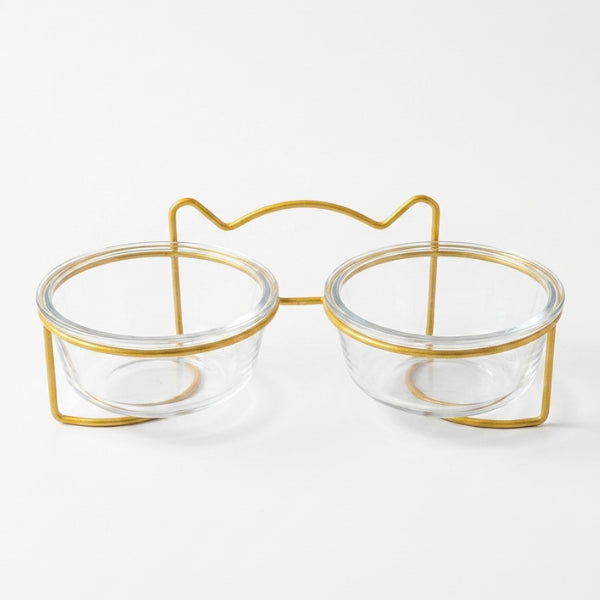 Double gamelle en verre pour chat jaune élégante pour eau et nourriture