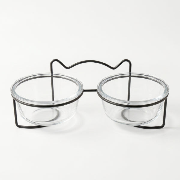 Double gamelle en verre pour chat avec support noir élégant et bols amovibles