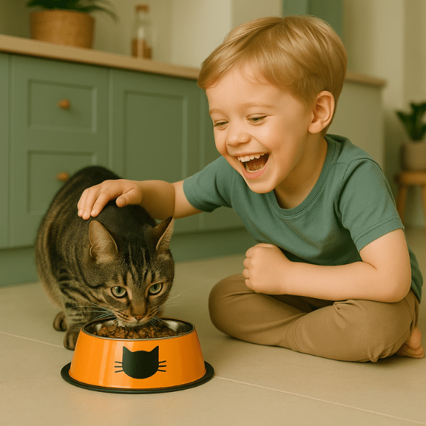 enfant content caresse félin mange dans gamelle chat inox orange cuisine Croc'Miaou™