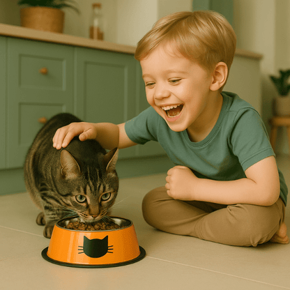 enfant content caresse félin mange dans gamelle chat inox orange cuisine Croc'Miaou™