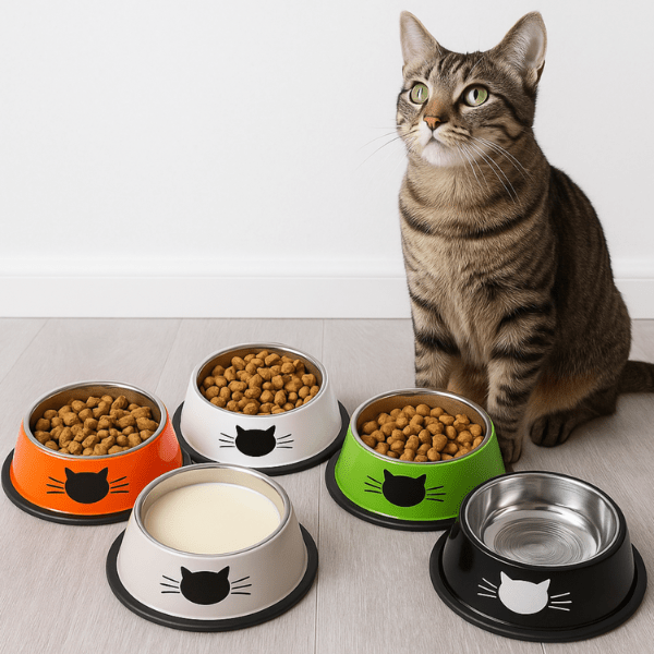 félin avec plusieurs gamelle chat inox colorée croquettes lait Croc'Miaou™