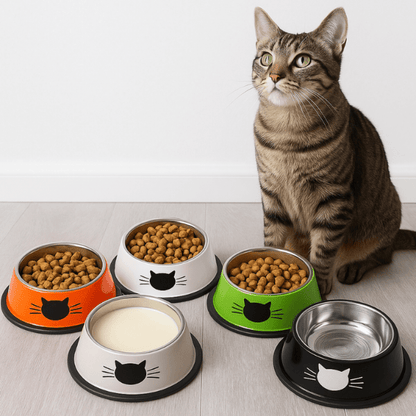 félin avec plusieurs gamelle chat inox colorée croquettes lait Croc'Miaou™