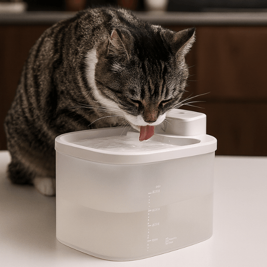 Félin qui boit dans fontaine a eau chat sans fil à batterie détecteur capteur