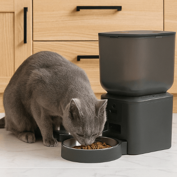 Félin russe mange dans bol distributeur croquette chat grande capacité XXL wifi connecté caméra MegaFeeder Control™