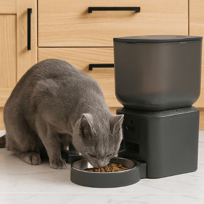 Félin russe mange dans bol distributeur croquette chat grande capacité XXL wifi connecté caméra MegaFeeder Control™