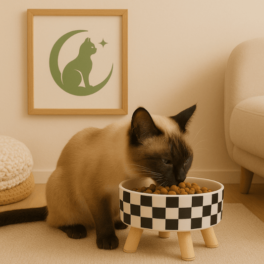 Félin siamois mange croquettes dans gamelle chat damier salon Festin'Félin™