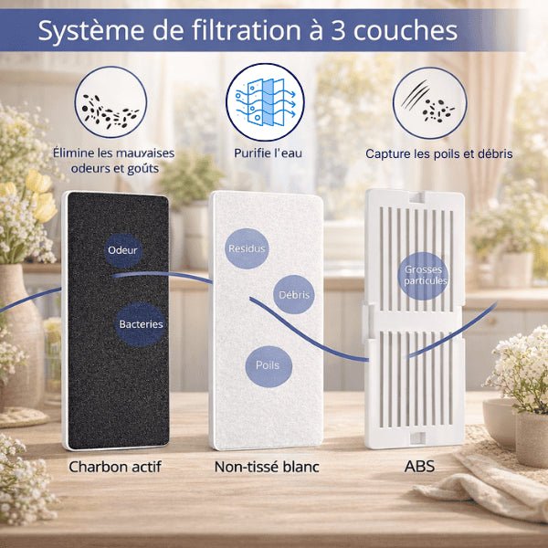 Système de filtration à trois couches de la fontaine à eau chat avec charbon actif, tissu non tissé et ABS - Organic™