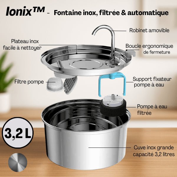 Filtre fontaine chat double et pompe assemblé dans fontaine inox Ionix™