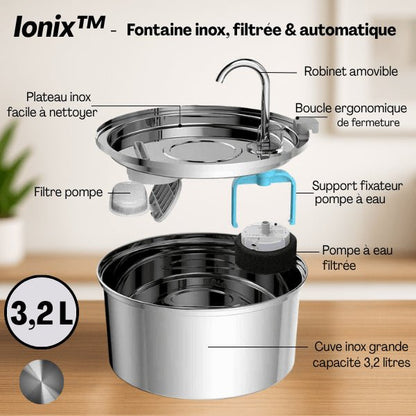 Filtre fontaine chat double et pompe assemblé dans fontaine inox Ionix™