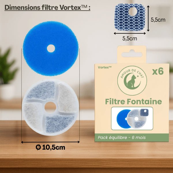 Filtre fontaine eau pour chat dimensions et pack équilibre 6 mois pour fontaine inox Vortex™