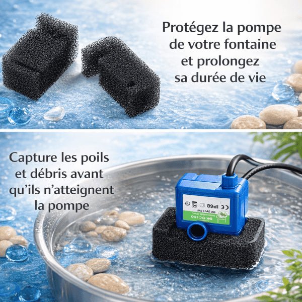 Filtre pour pompe fontaine à eau chat capturant les impuretés avant d’atteindre la pompe