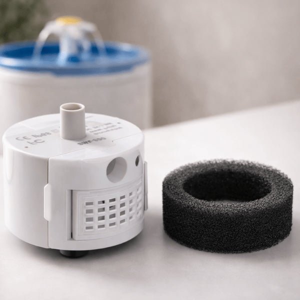 Filtre pour pompe fontaine chat placé à côté de la pompe compatible