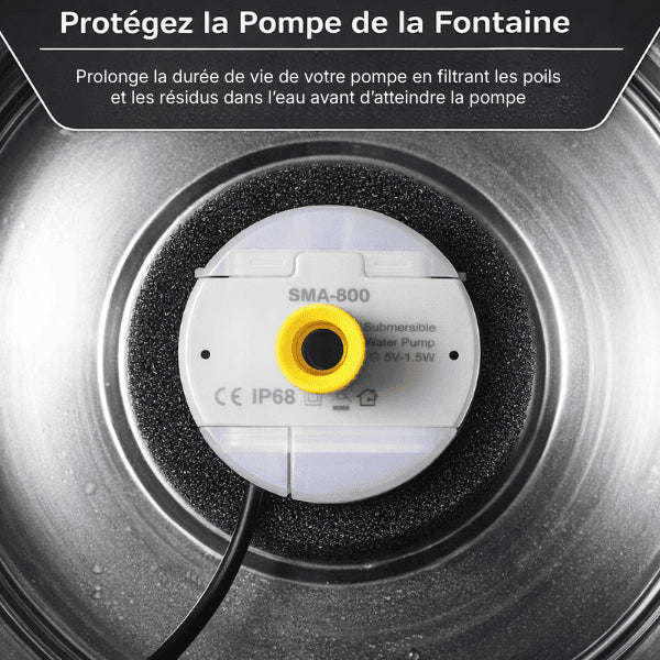 Filtre pour pompe fontaine chat installé autour de la pompe pour retenir les poils et résidus
