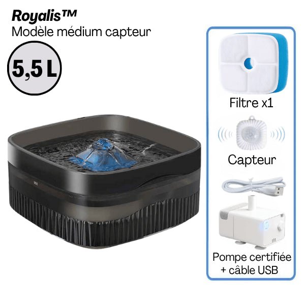 Fontaine a chat grande capacité 5,5 litres design noir filtre pompe pack medium capteur Royalis™