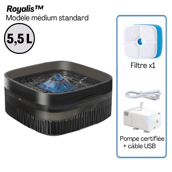 Fontaine a chat grande capacité 5,5 litres design noir filtre pompe pack medium standard Royalis™