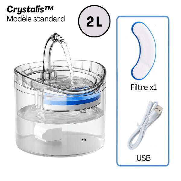 Fontaine à chat robinet filtre 2 L câble USB transparente Crystalis™