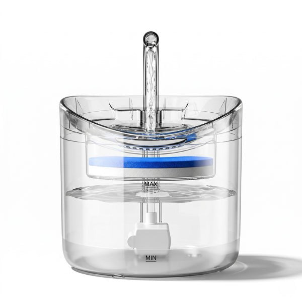 Fontaine à chat transparente filtrée robinet haut pour une meilleure oxygénation de l'eau