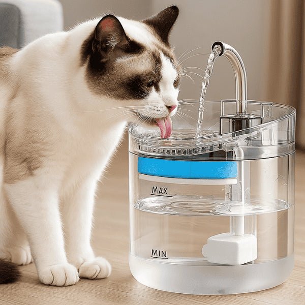 Fontaine à chat transparente robinet filtrant avec félin boit dans bol d'eau Crystalis™