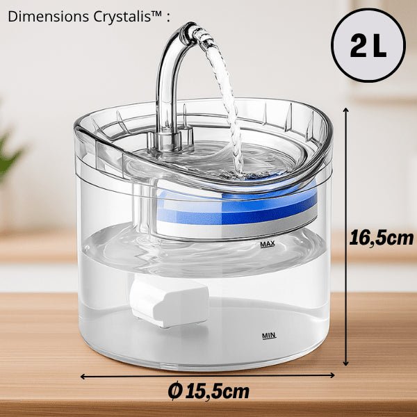 Fontaine à chat transparente robinet silencieuse 2 L compacte dimensions Crystalis™