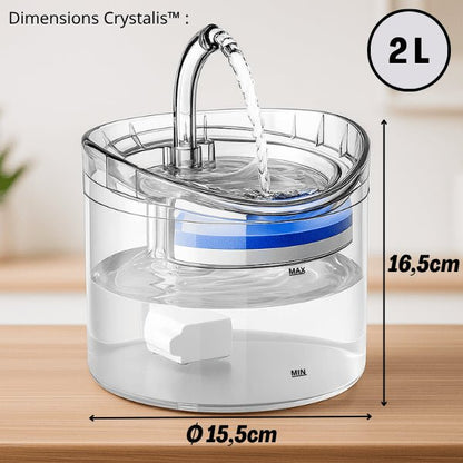 Fontaine à chat transparente robinet silencieuse 2 L compacte dimensions Crystalis™