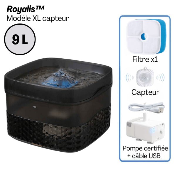 Fontaine a chat très grande capacité XXL 9 litres design noir filtre pompe pack capteur Royalis™