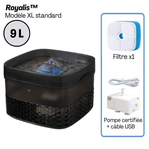 Fontaine a chat XXL très grande capacité 9 litres noir design filtre pompe pack standard Royalis™