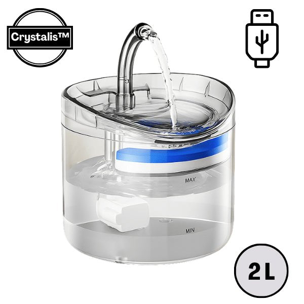 Fontaine à chat USB transparente 2 L filtre qualité robinet source hydratation Crystalis™