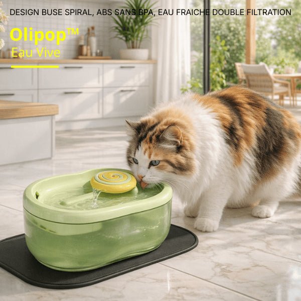 Fontaine à eau chat 2,2 litres vert jaune avec bac incliné 3° et eau filtrée en continu - Olipop™