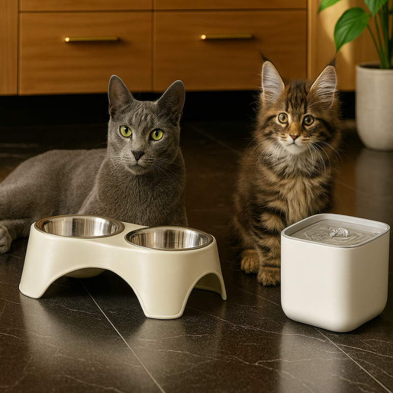 Fontaine à eau chat automatique et gamelle chat ergonomique dans cuisine moderne