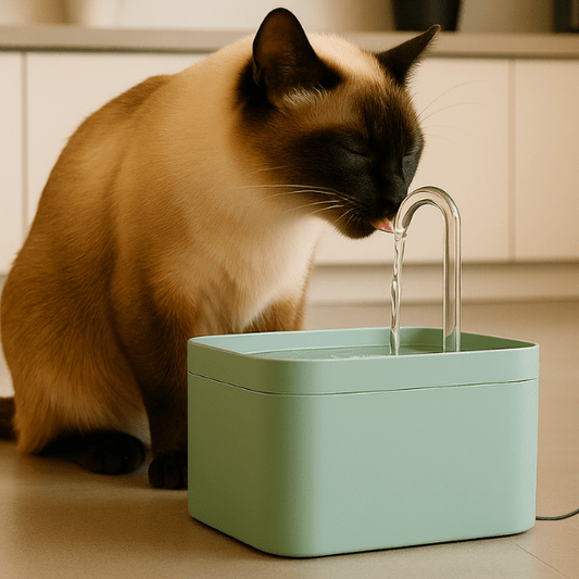 Fontaine a eau chat avec robinet dans cuisine et félin siamois qui boit