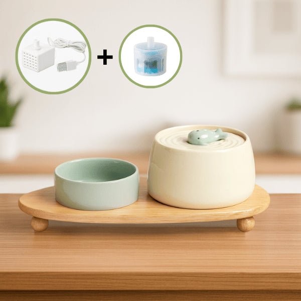 Fontaine à eau chat céramique blanc crème support bois gamelle bleu filtre pompe USB NaturaFresh™