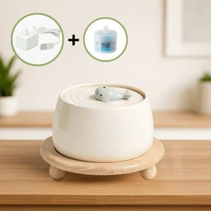Fontaine à eau chat céramique blanc crème support bois naturel seul filtre pompe USB NaturaFresh™
