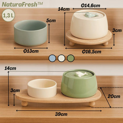 Fontaine à eau chat céramique et gamelle station alimentation repas dimensions 1,3 L NaturaFresh™
