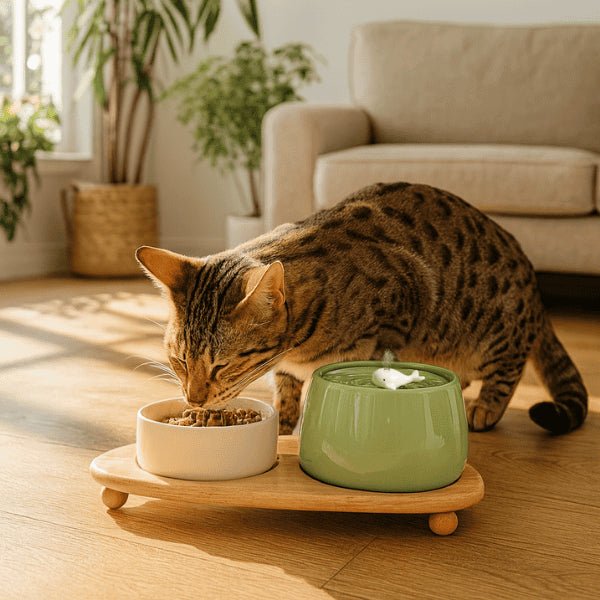 Fontaine à eau chat ceramique double repas gamelle surélevée support savannah mange NaturaFresh™