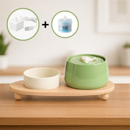 Fontaine à eau chat ceramique vert olivier gamelle blanc crème support bois filtre pompe USB NaturaFresh™