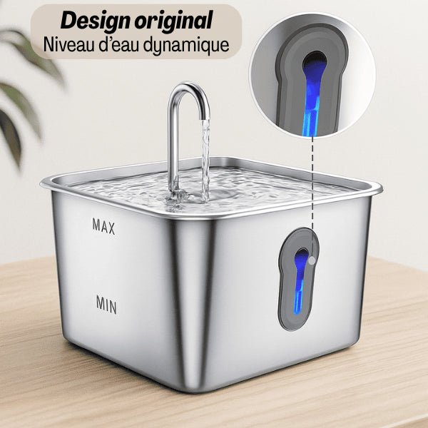 Fontaine à eau chat design robinet inox niveau eau dynamique bleu Oconnect™