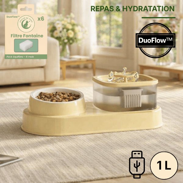 Fontaine à eau chat et gamelle croquettes 1L à prise USB et pack filtres compatibles DuoFlow™
