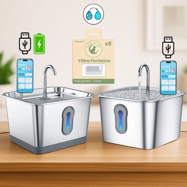 Fontaine à eau chat inox sans fil automatique connectée ou pack filtre fontaine chat Oconnect™