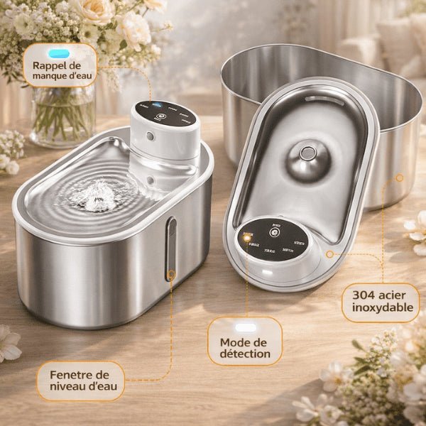 Fontaine à eau chat sans fil en inox avec indicateur niveau d’eau
