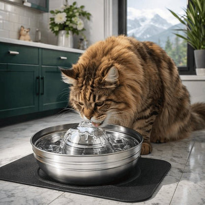 Chat buvant dans une fontaine à eau chat en inox avec buse centrale