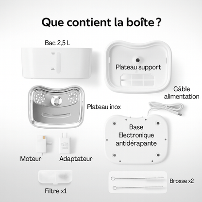 Fontaine à eau chat pack complet bac brosse filtre base antidérapante connectée AquaTech™
