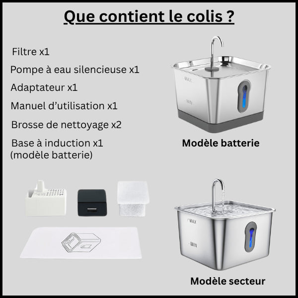 Fontaine à eau chat robinet inox sans fil et secteur que contient le colis Oconnect™
