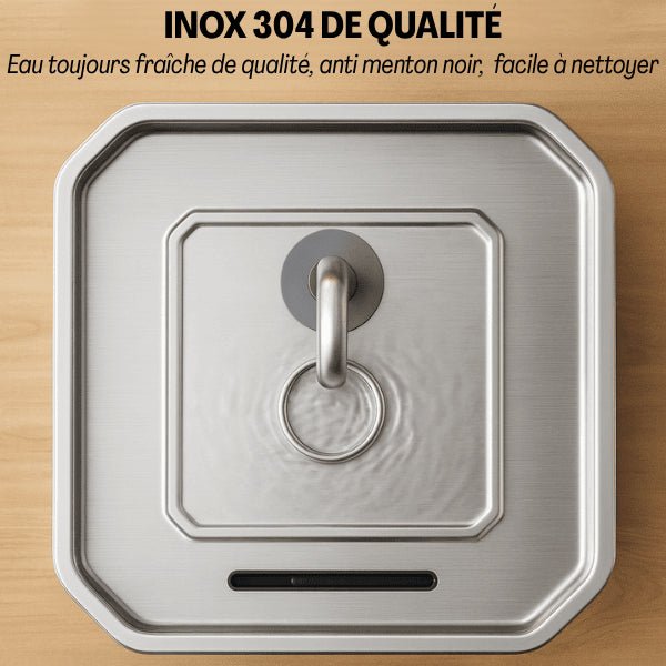 Fontaine à eau chat robinet vue dessus plateau inox 304 qualité eau fraîche Oconnect™