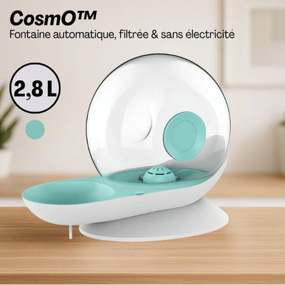 Fontaine à eau chat sans électricité filtrée grande capacité 2,8 litres bleu surélevée CosmO™