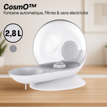 Fontaine à eau chat sans électricité filtrée grande capacité 2,8 litres grise surélevée CosmO™