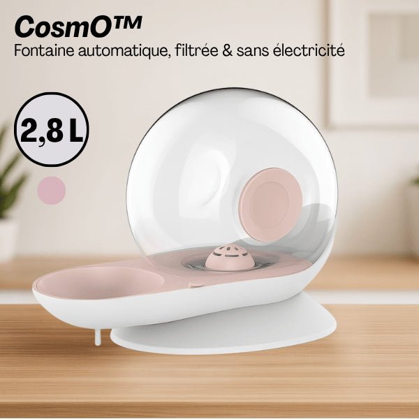 Fontaine à eau chat sans électricité rose filtrée grande capacité 2,8 litres surélevée CosmO™