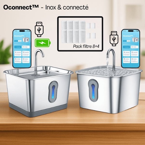 Fontaine à eau chat sans fil connectée batterie ou secteur pack filtre fontaine Oconnect™