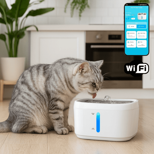 Fontaine a eau chat wifi connectée avec félin boit dans cuisine application - AquaTech™
