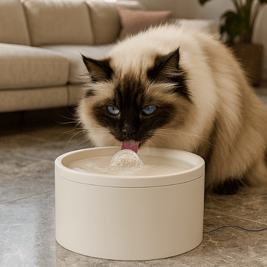 Fontaine a eau pour chat ceramique design pratique ronde avec siamois qui boit dans CrystalPaws™