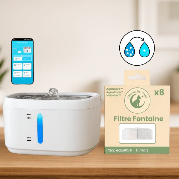 Fontaine a eau pour chat connectée sans fil automatique ou pack filtre fontaine chat AquaTech™